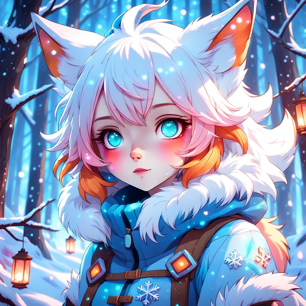 Anime Snow Fox Girl in Snowy Forest