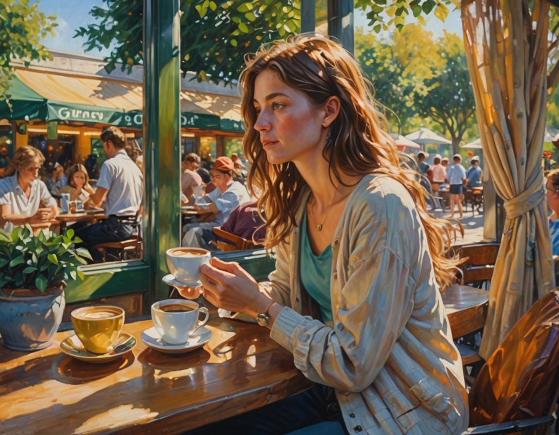 Impressionist Woman's Coffee Break in Morning Sunlight