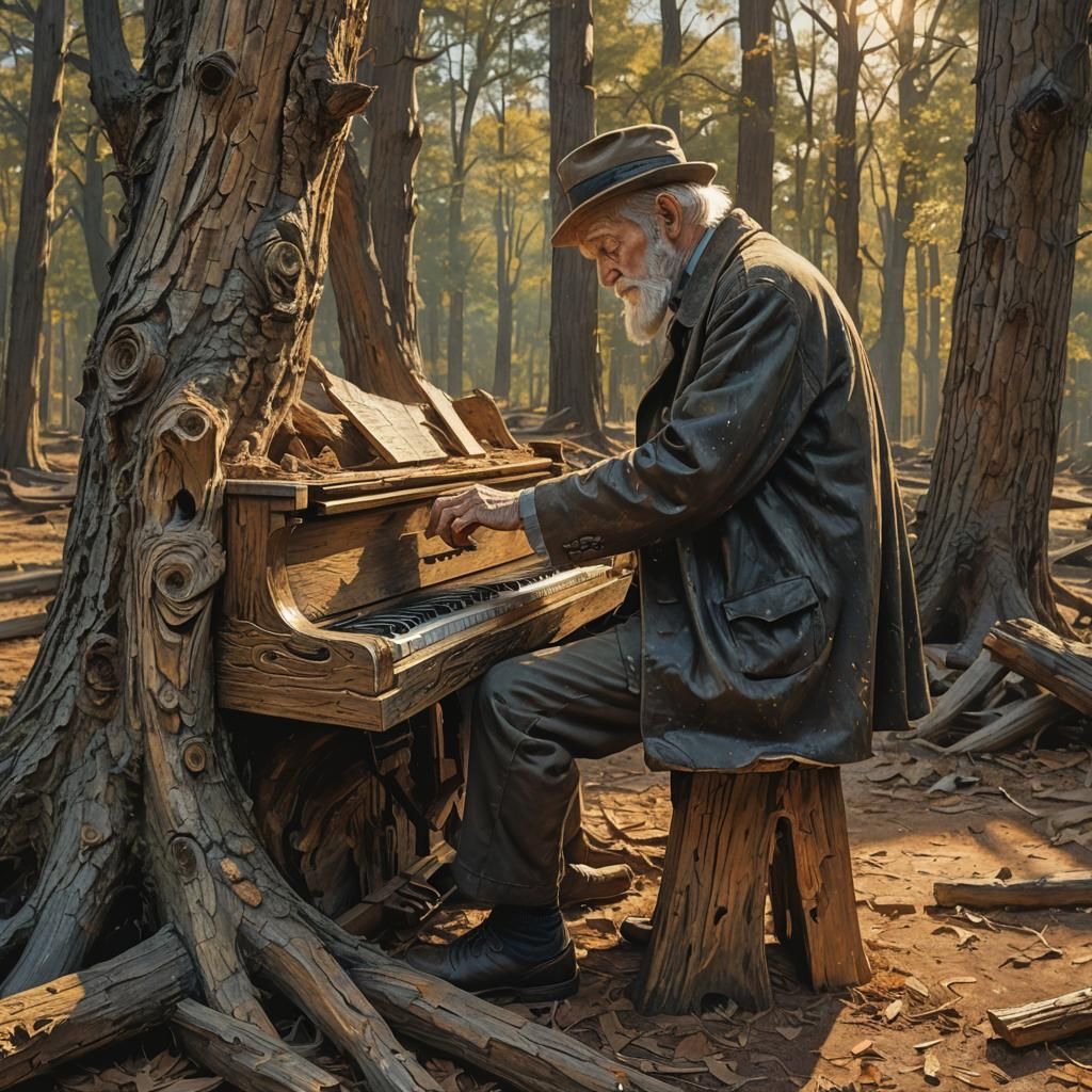 Man Carves Piano From Tree: Golden Hour Landscape