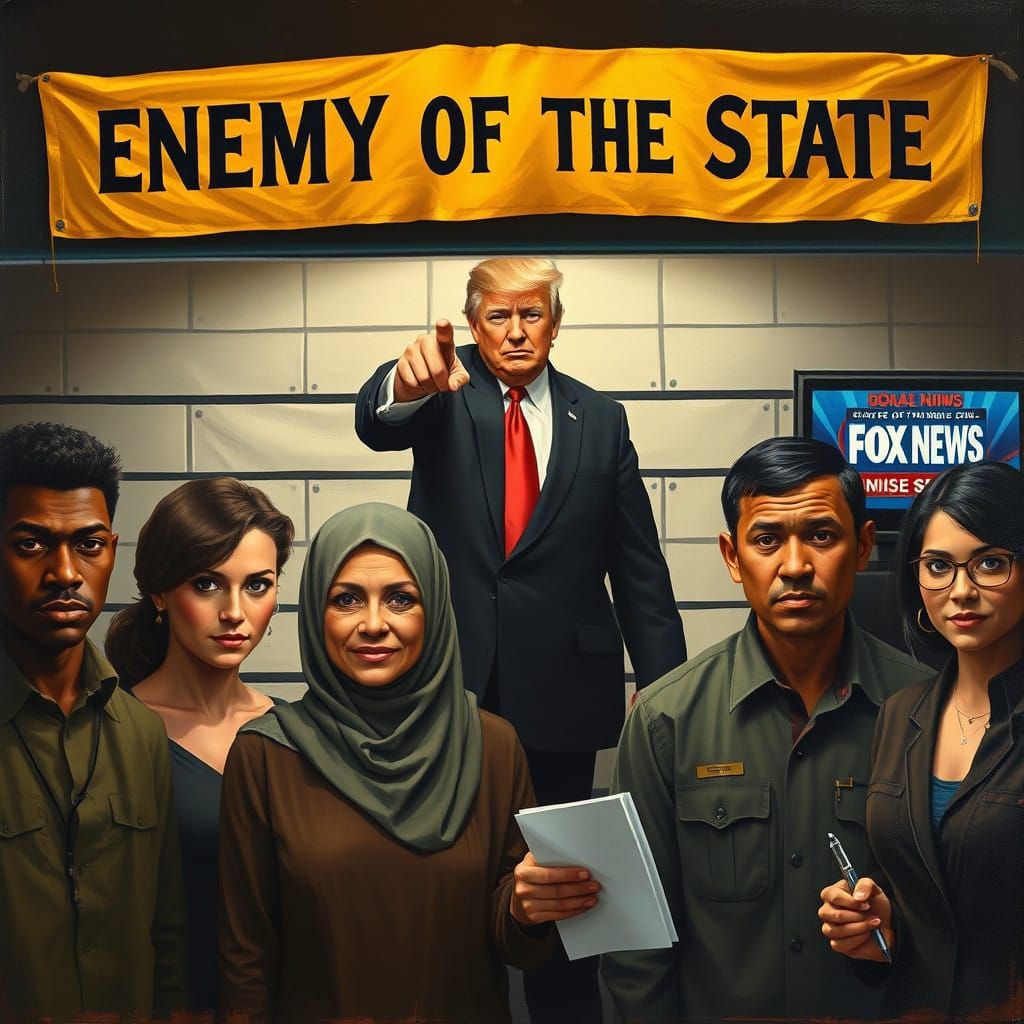 Oil-Painted Police Lineup with ENEMY OF THE STATE Banner