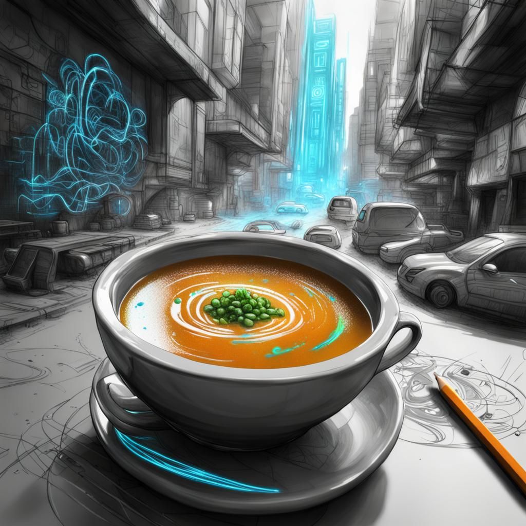 Futuristic Holographic Soup Graffiti Sketch