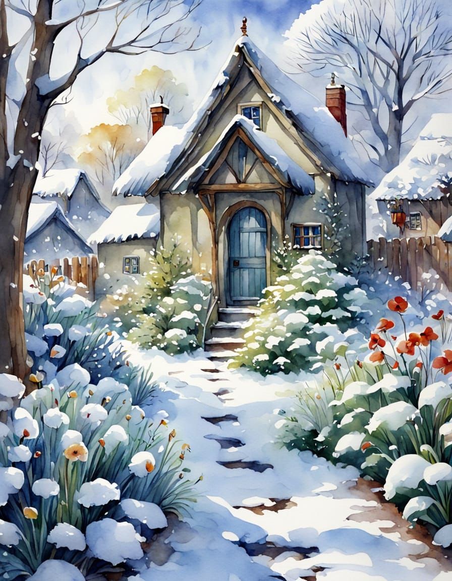 Beautiful Snowy Garden Watercolour Illustration