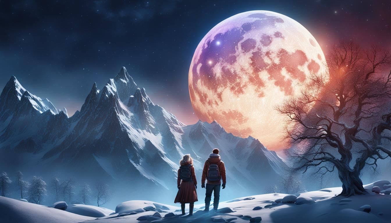 Snowy Mountain Moonlit Scene, Detailed Matte Painting