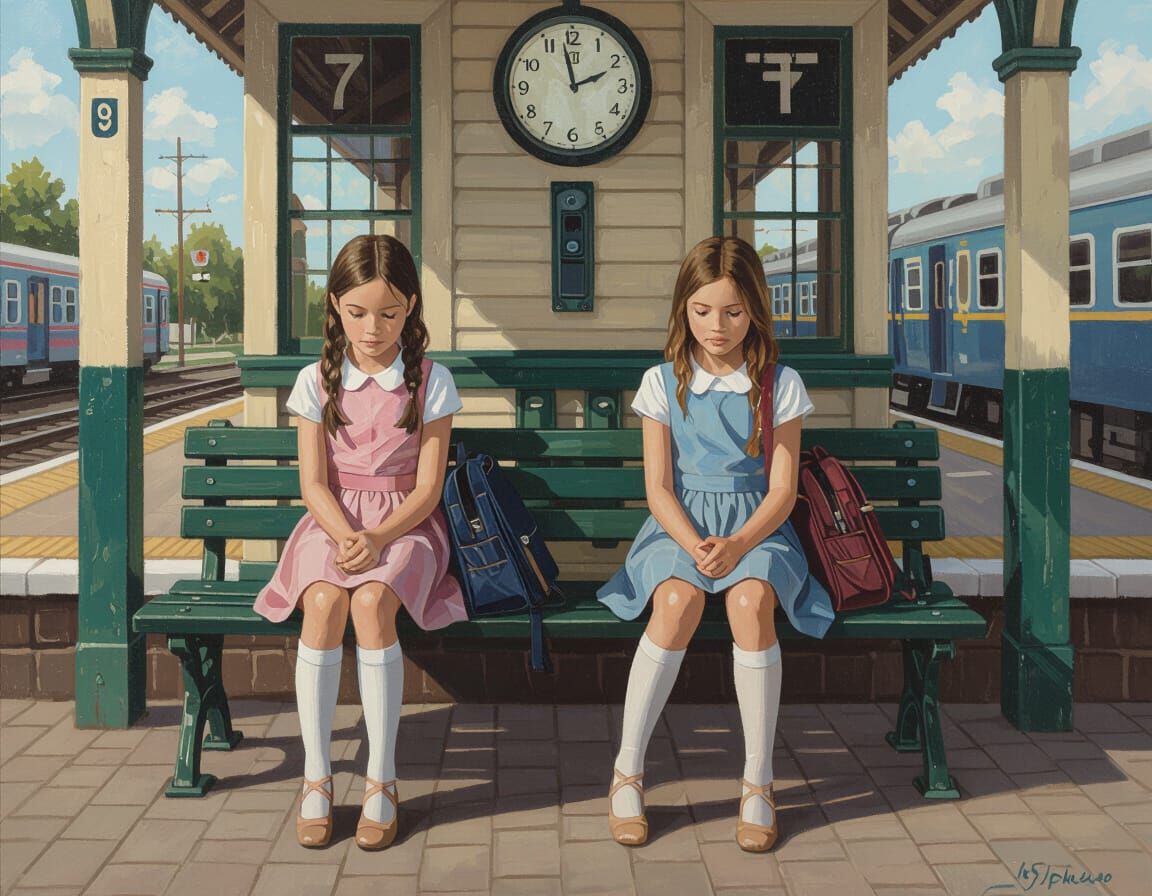 Girls Waiting at Train Station Platform