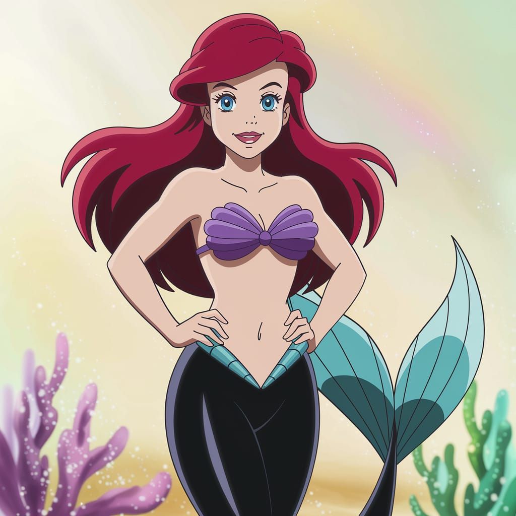 full body picture of Ariel the mermaid wearing black widow c...