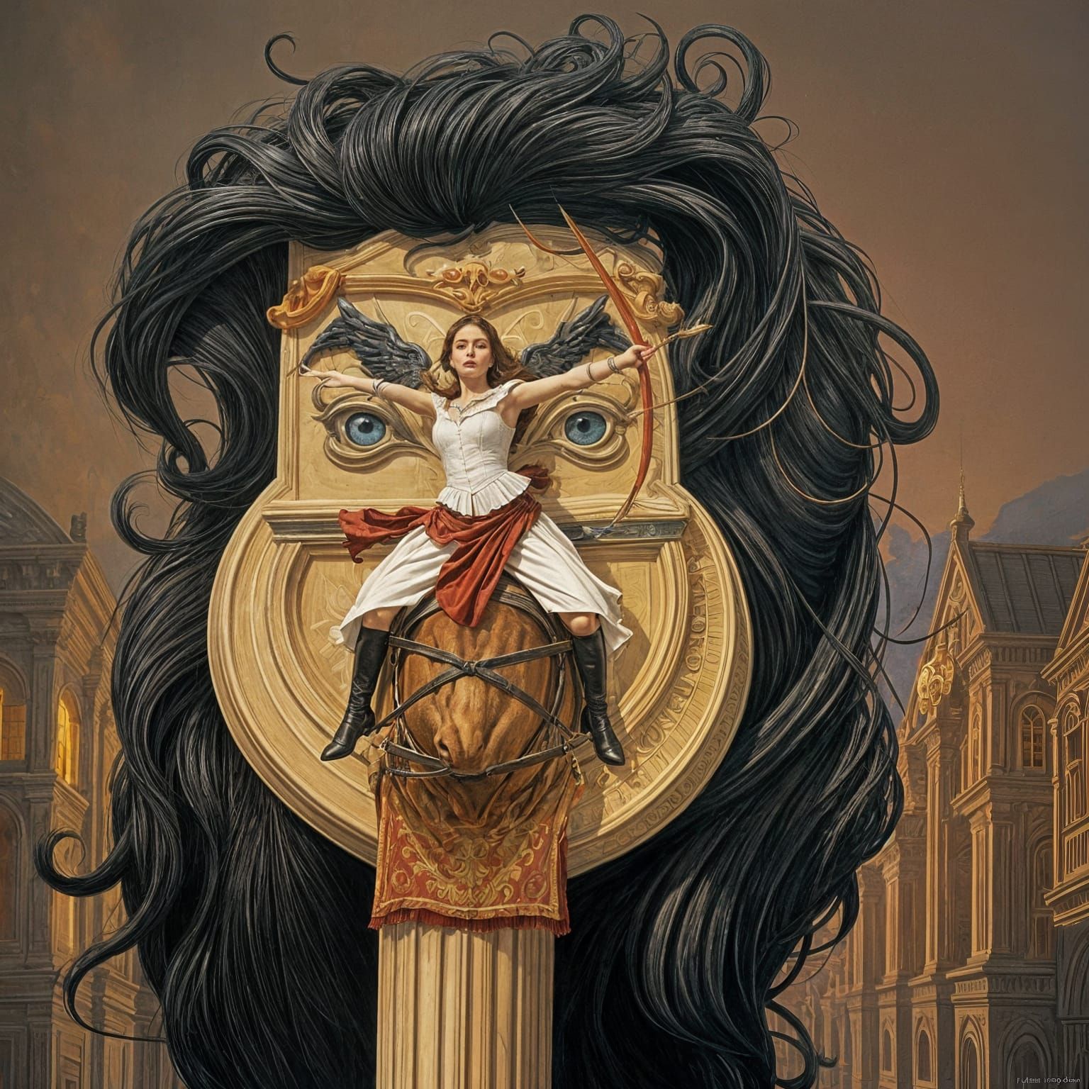 A Woman Archer Launching Arrows from Horseback in a Whimsica...