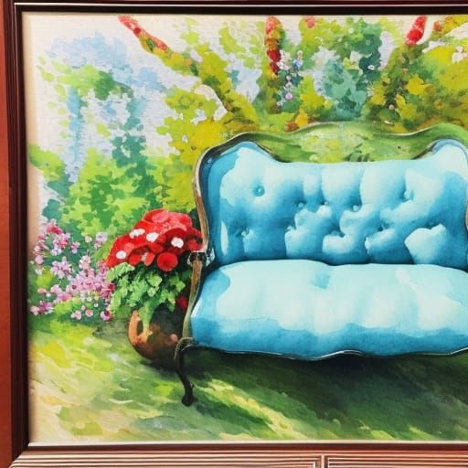 Impressionist Loveseat with Mossy Pillows in Gouache Style