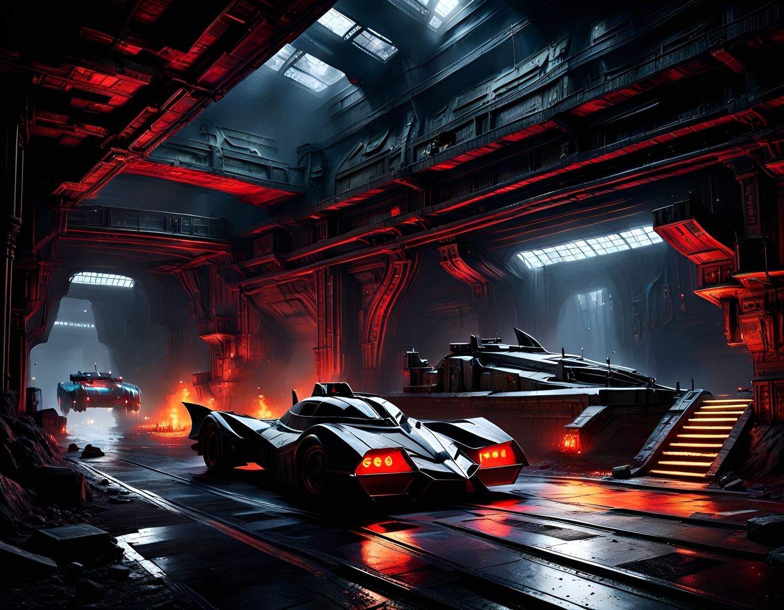 Detailed Batmobile in Cyberpunk Batcave Illustration