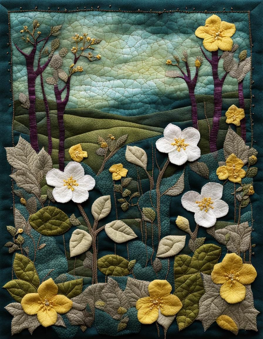 Primroses Fabric Collage with Embroidery in Medieval Style