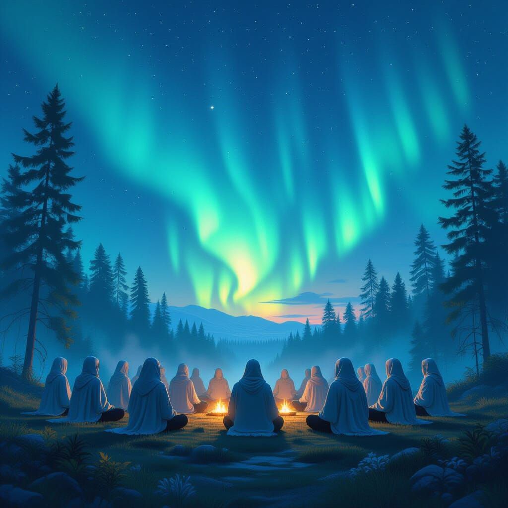 Aurora Illuminates Meditative Gathering in Ethereal Forest