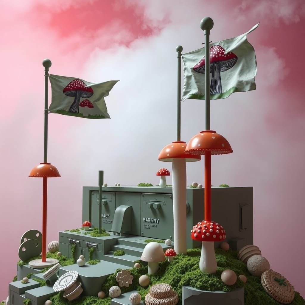 Hyperreal Mushroom Sculpture with Brutalist Architecture