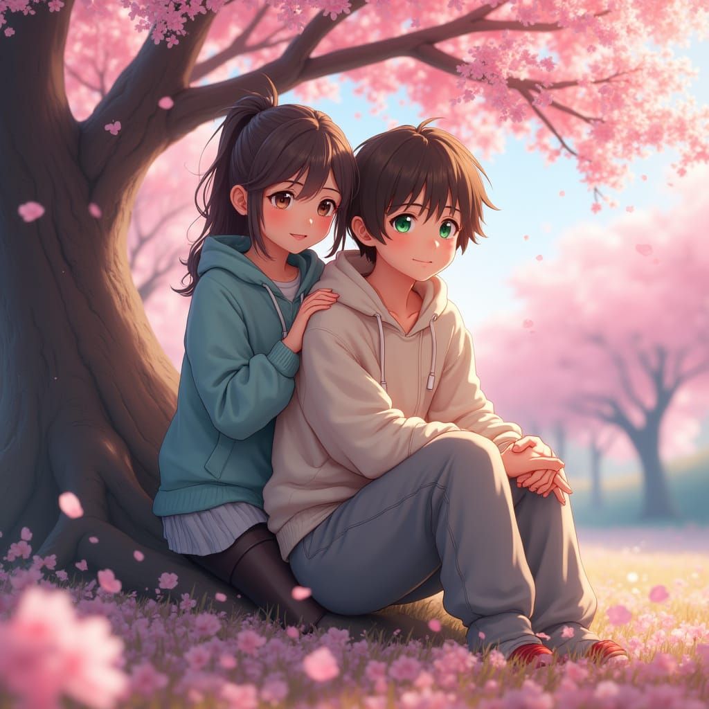 Romantic Cherry Blossom Scene in Anime Art Style