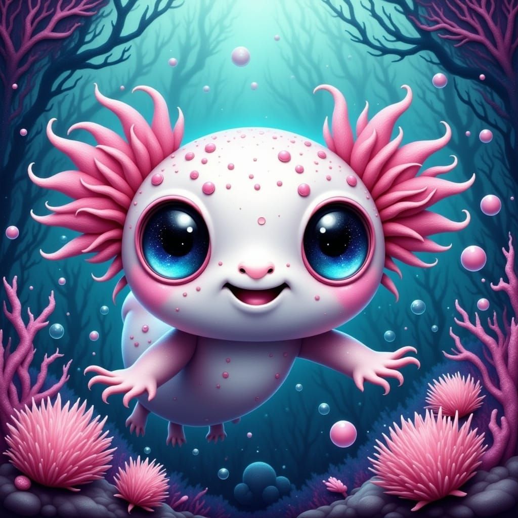 Whimsical Axolotl in Pastel Galaxy Waters