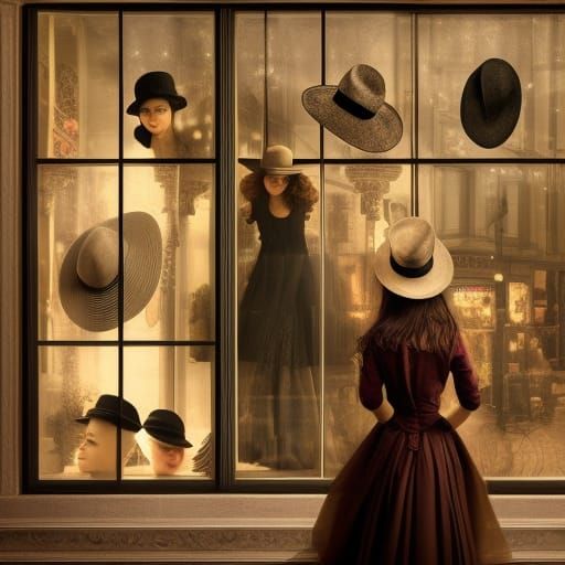 Elegant Hats Display in Ornate Shop Window