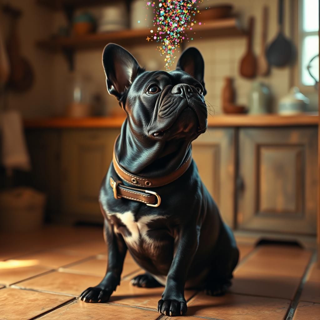 Surreal French Bulldog Glitter Explosion, Cinematic Photo