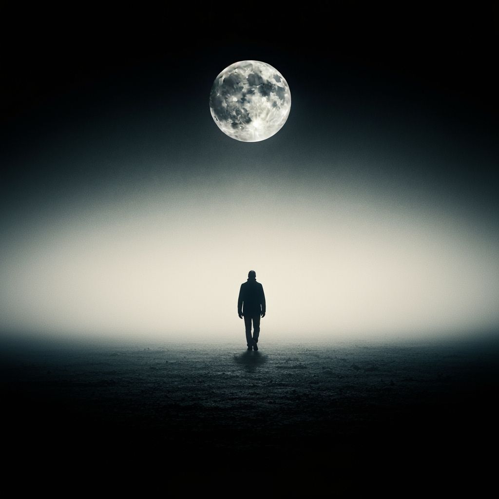 Solitary Figure in Desolate, Mist-Shrouded Landscape