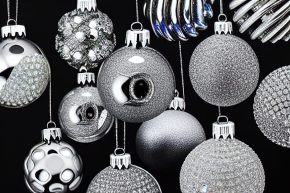silver shiny metallic and cristal relucent christmas ornaments brilliant hyperdetailed, ambient light, Nikon 15mm f/1.8,...