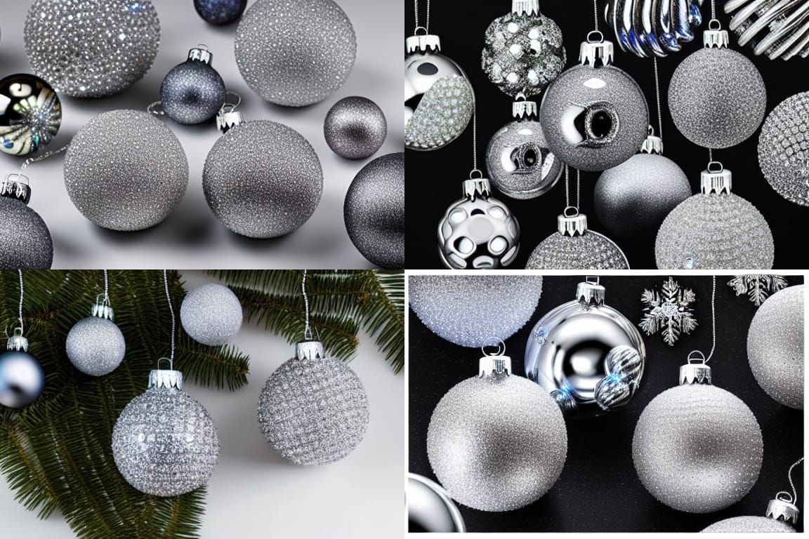 silver shinny metallic and cristal relucent christmas ornaments brilliant hyperdetailed, ambient light, Nikon 15mm f/1.8...