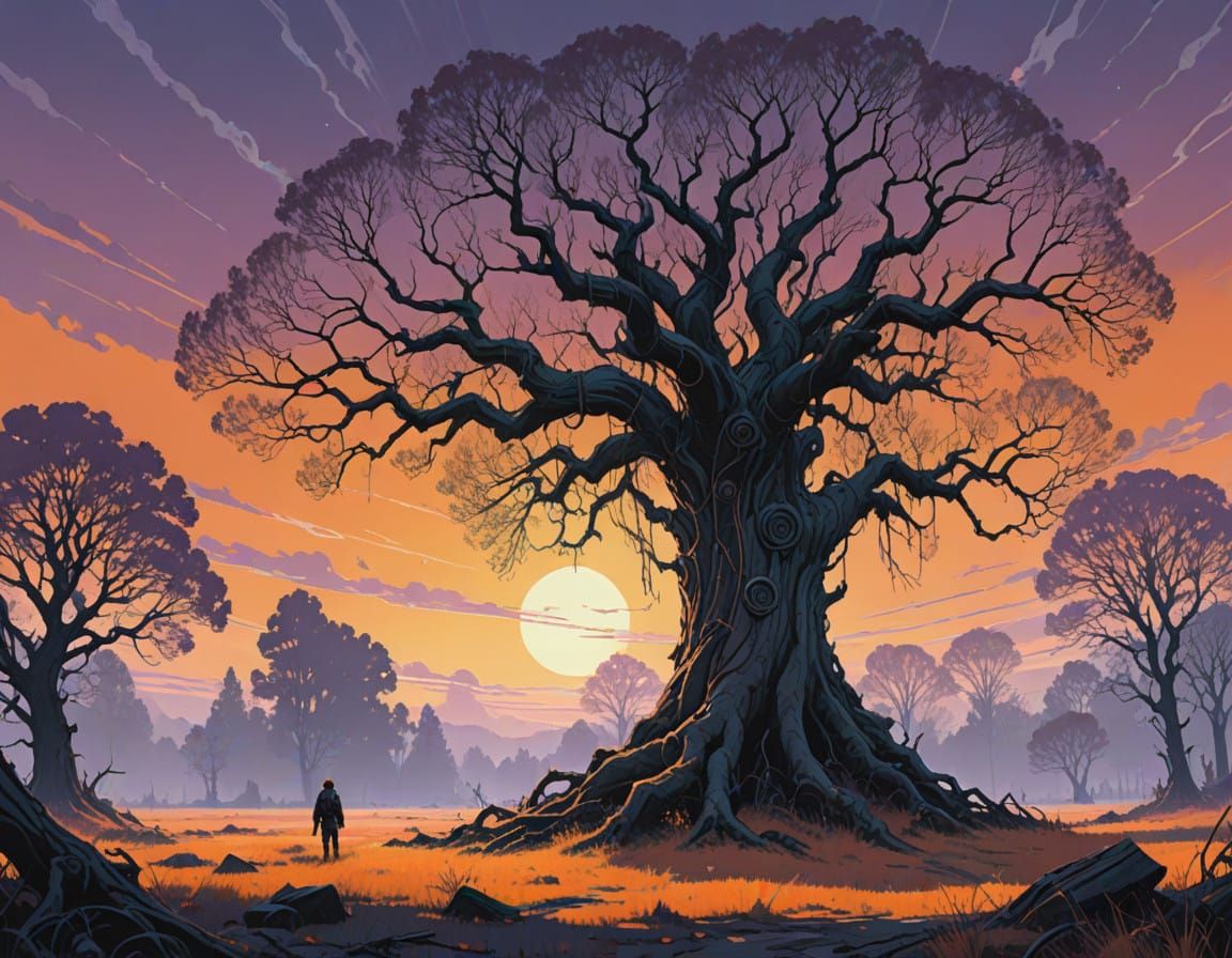Twisted Tree of Wonder in Vibrant Dreamscapes