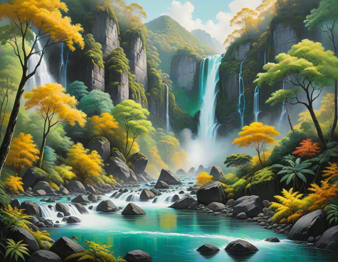 Jungle Parrot by Waterfalls: Hyperdetailed Charcoal Drawing