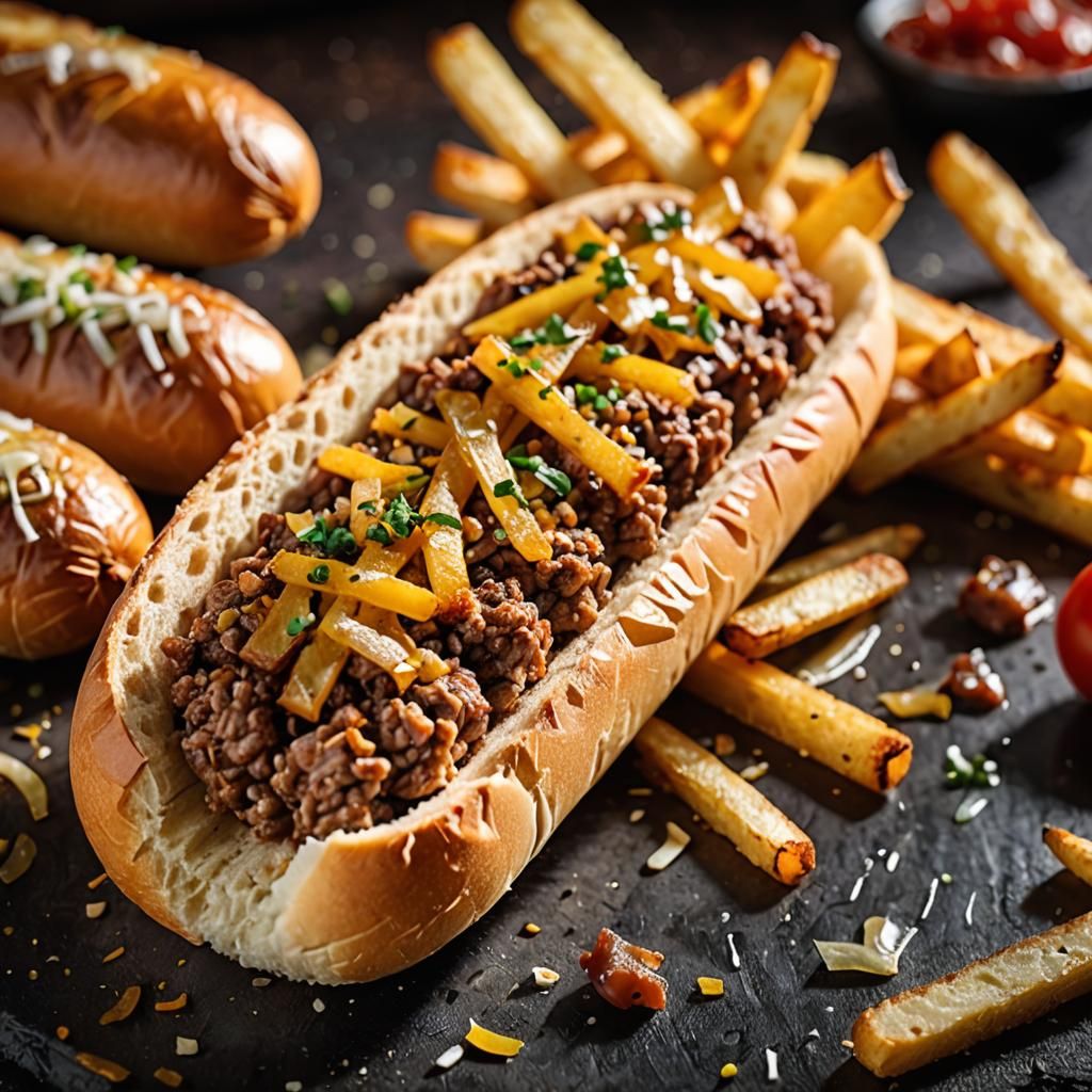 Baguette Sandwich with Meat, Fries, and Onions