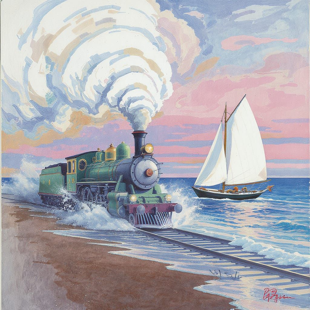 Green Steam Train Races Boat: Impressionist Gouache Style