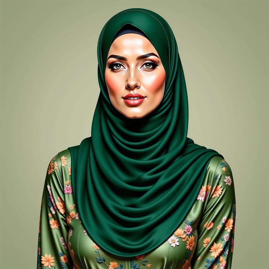 A Beautiful Hijabi Woman in a Vibrant Floral Gown