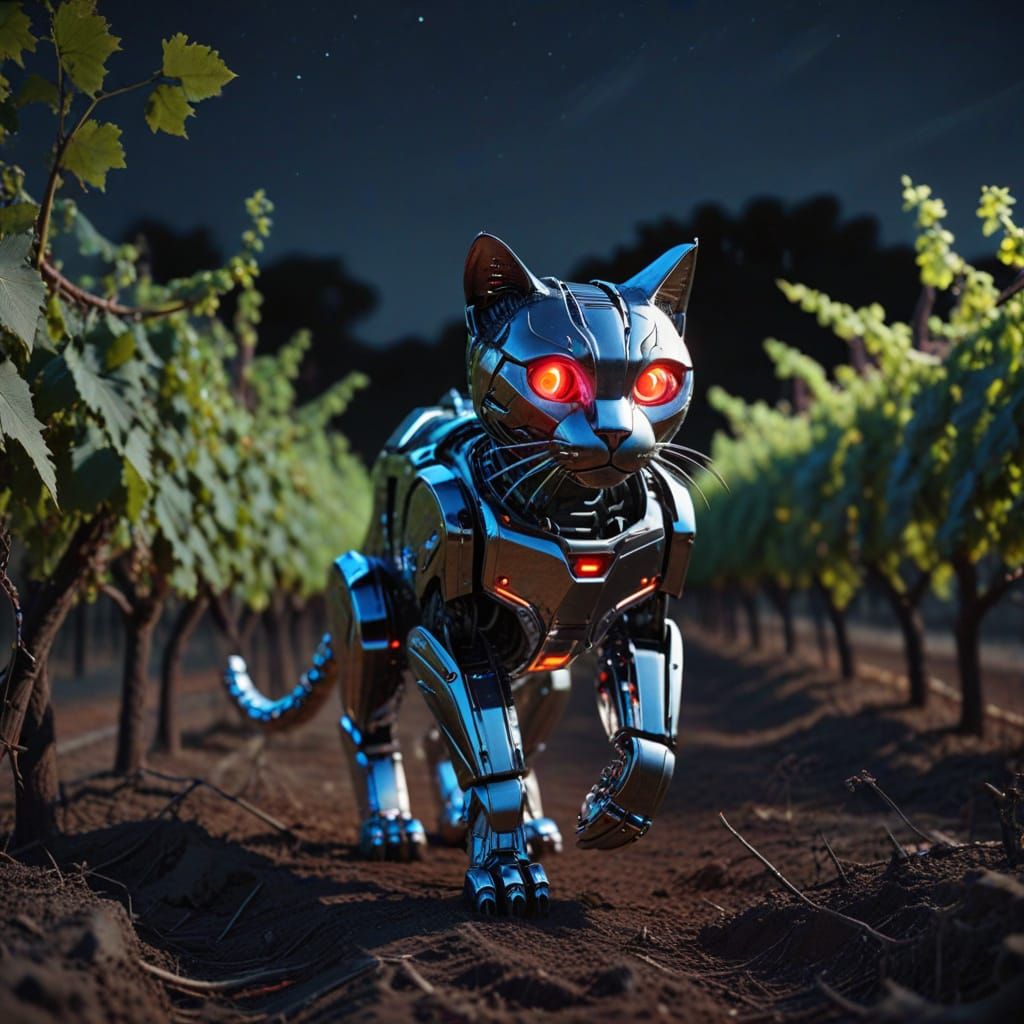 Cyberpunk Robot Cat Patrols Chrome Vineyard at Night