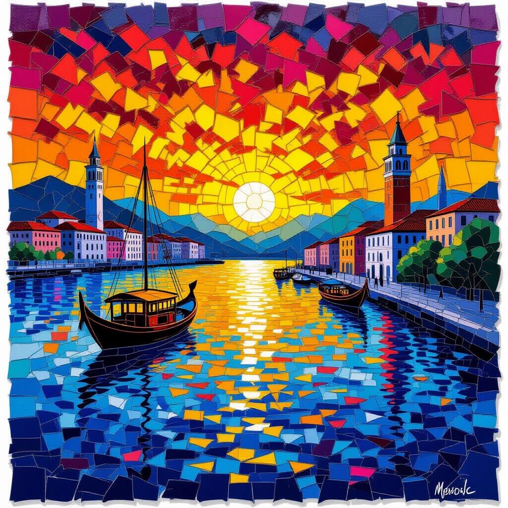 Mosaic Sunset Harbor in Blacklight Art Style