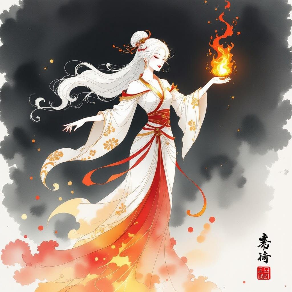 Mystical Fire Dancer in Elegant Ink Illustration