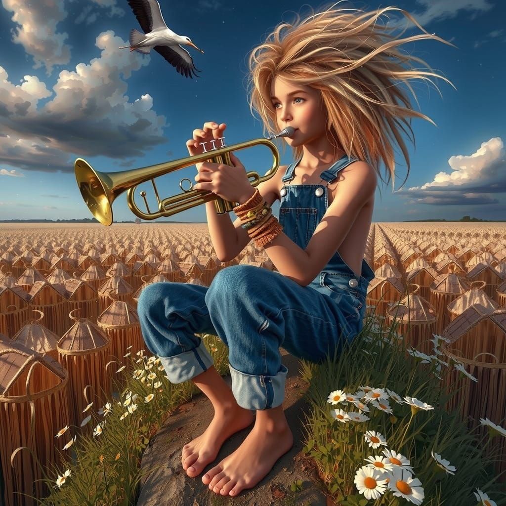 Sunny Alleyway Boy Plays Vibrant Trumpet