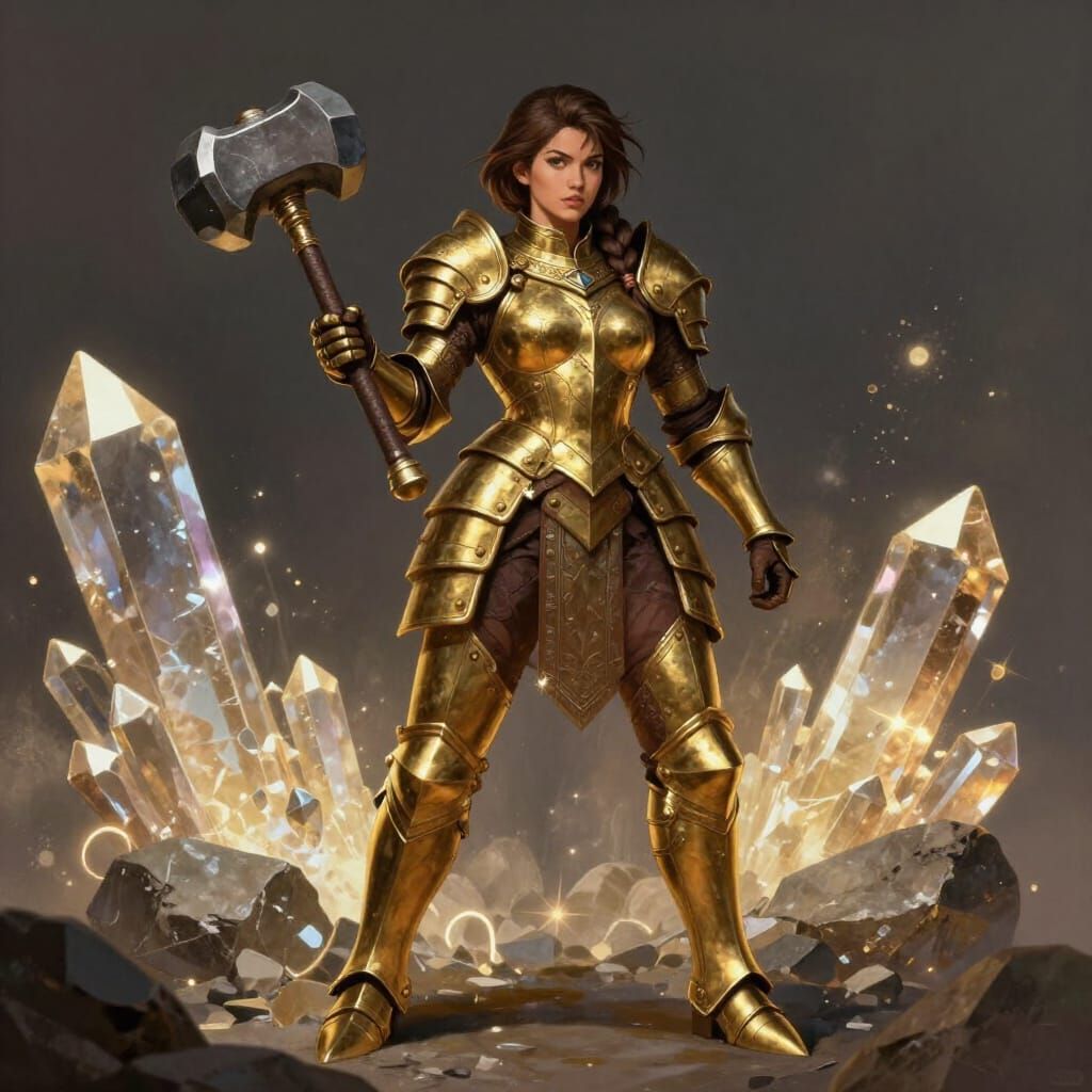 Muscular Woman in Brass Armor with War Hammer