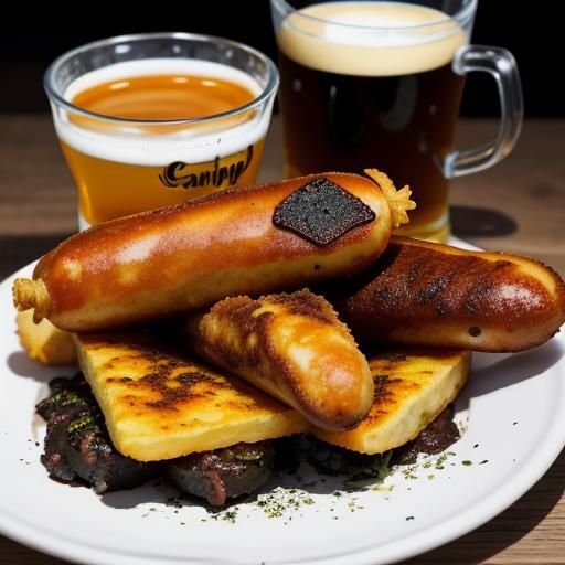 British Takeaway Feast: Sausage, Pudding, Chips and Beer
