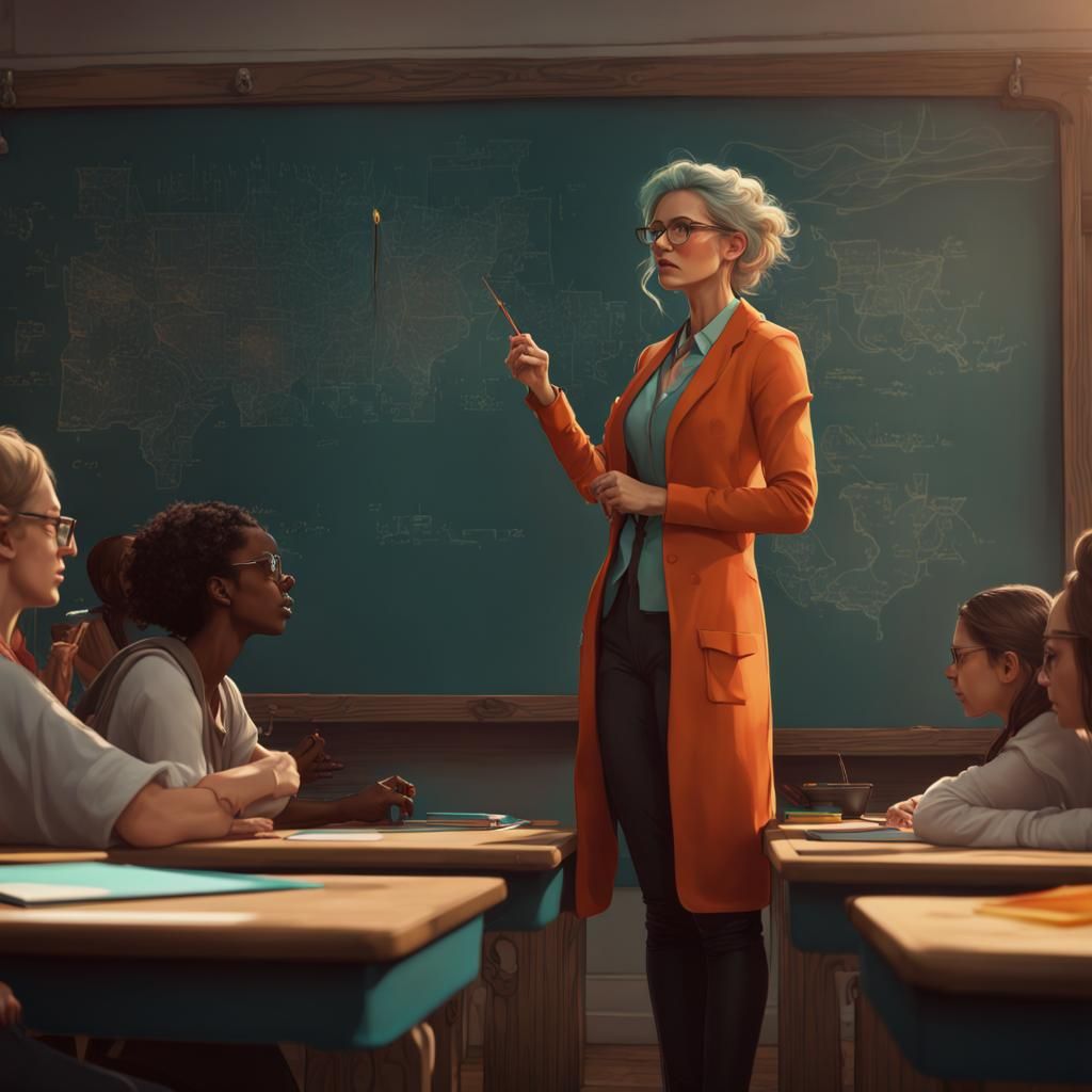 Female Teacher in Classroom: Hyperdetailed Concept Art