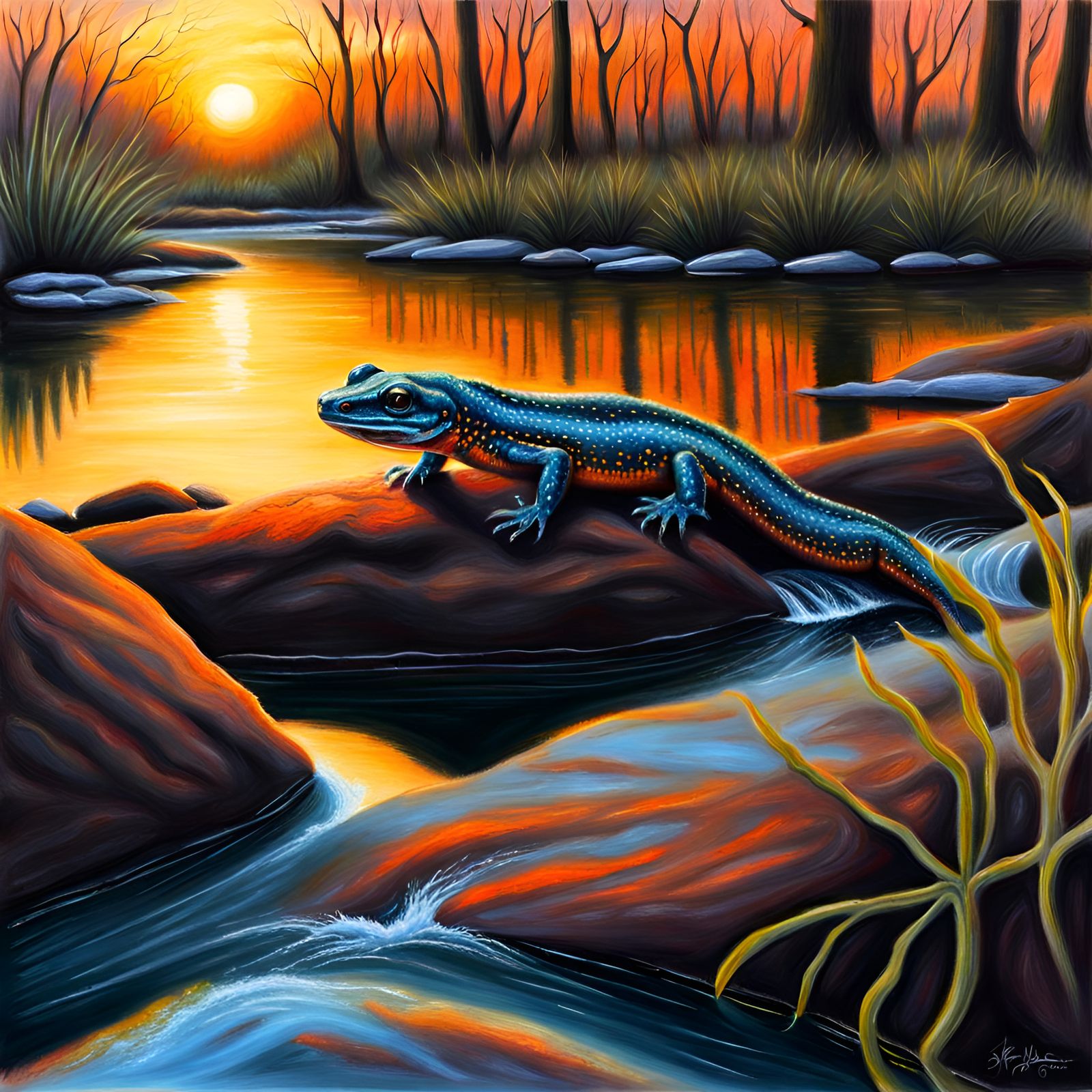 Salamander at Sunset on Creek in Pastel Style
