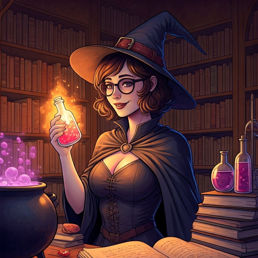 Happy Witch with Glowing Potion in Watercolor Style