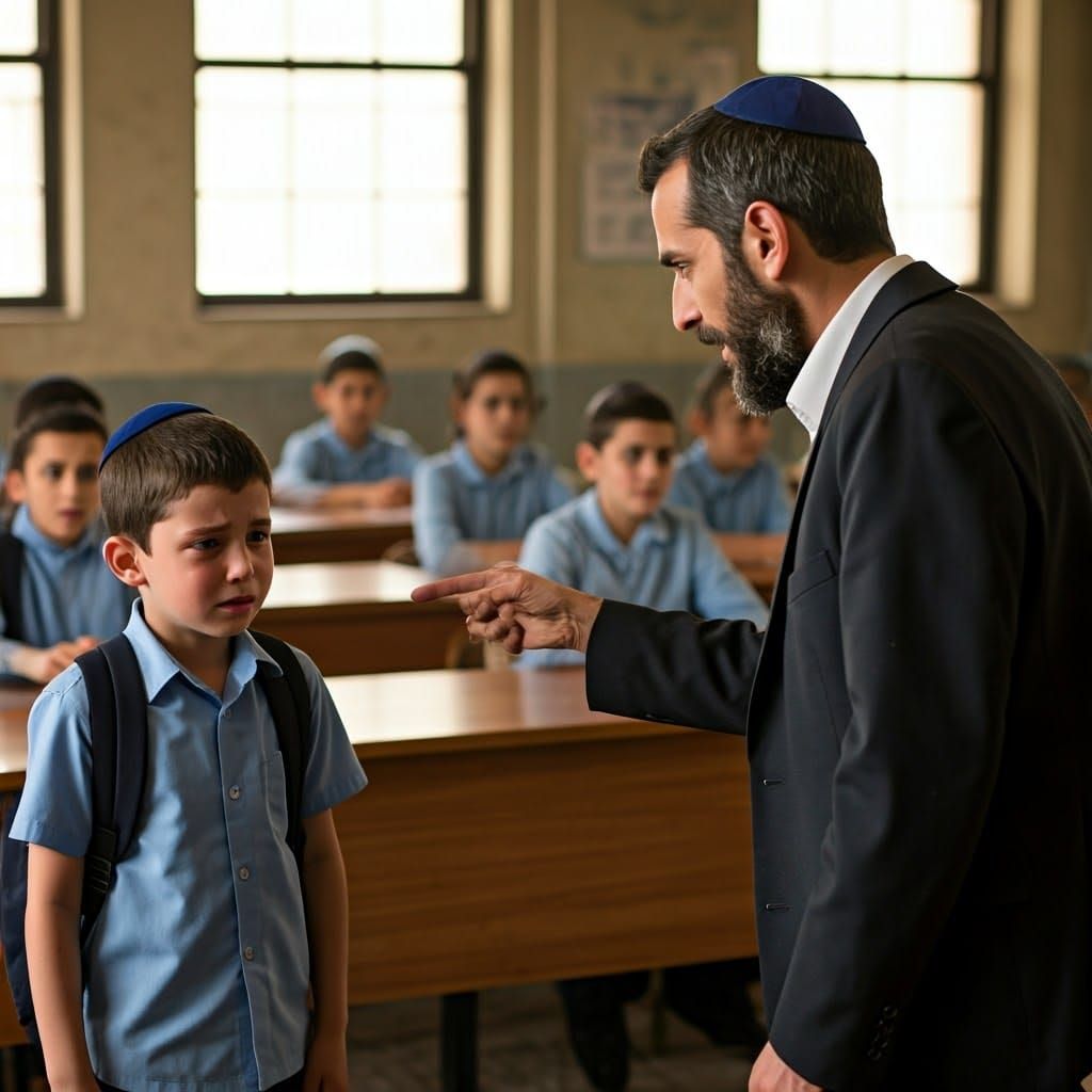 Jewish Teacher Scolding Boy: Cinematic Film Still