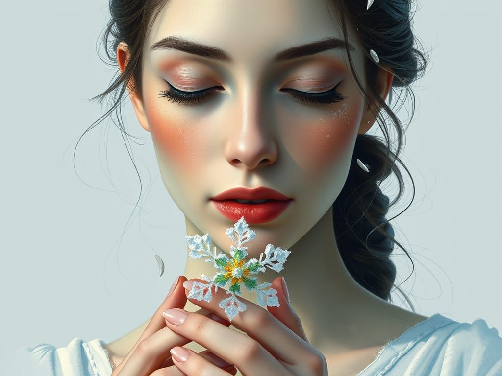 A stylized portrait in the style of Tinten-Tusche painting: a woman, eyes softly closed, cradles a snowflake slowly blos...