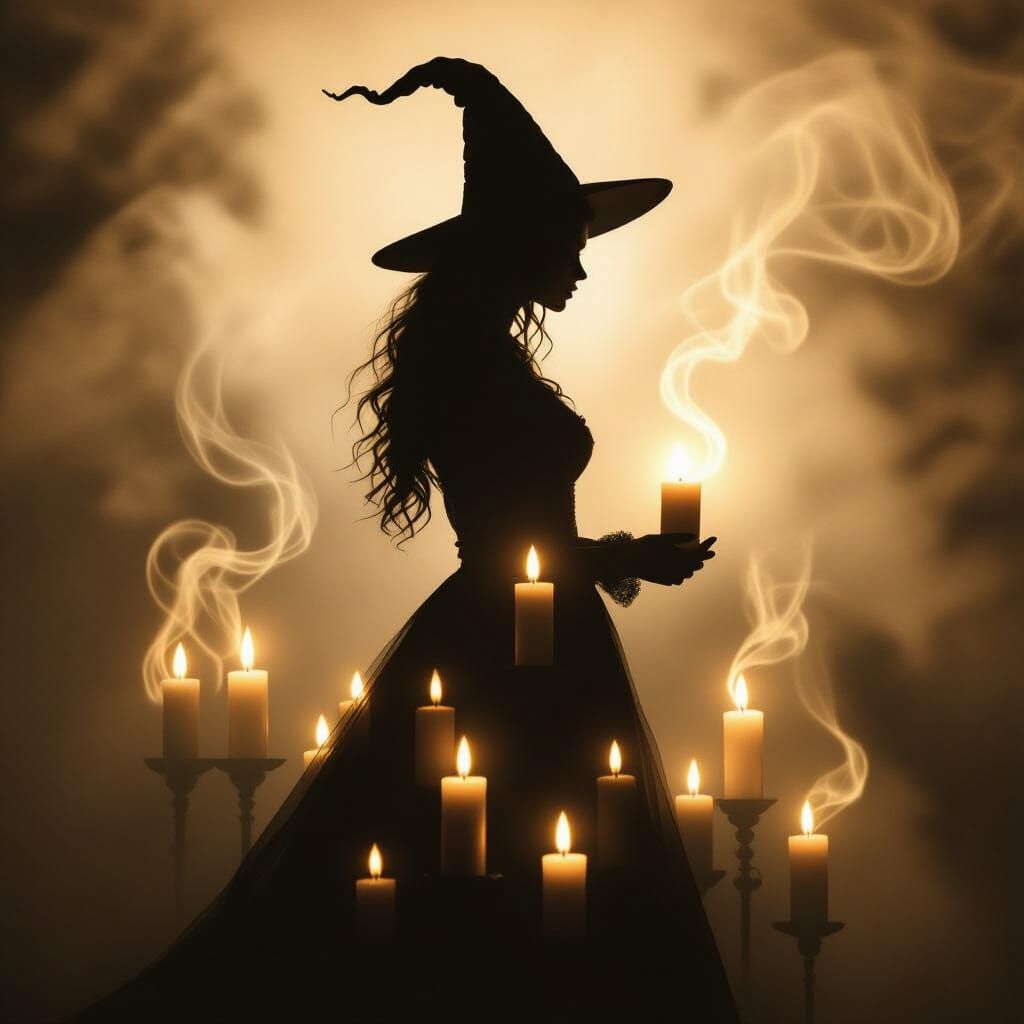 Ethereal Witch Silhouette with Glowing Candles in Sepia Tone...