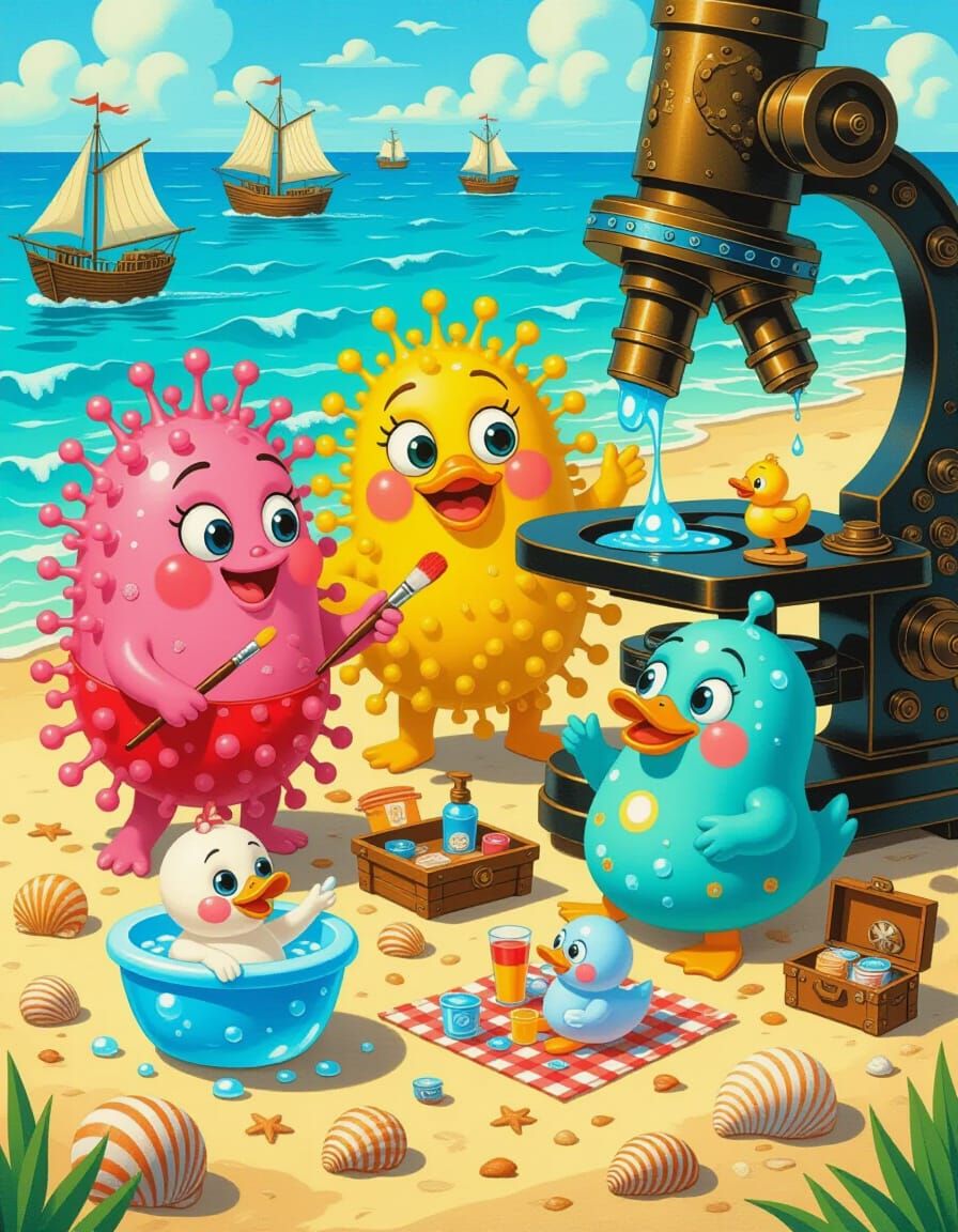 Cheerful Microbes on Beach Vacation Oil Painting