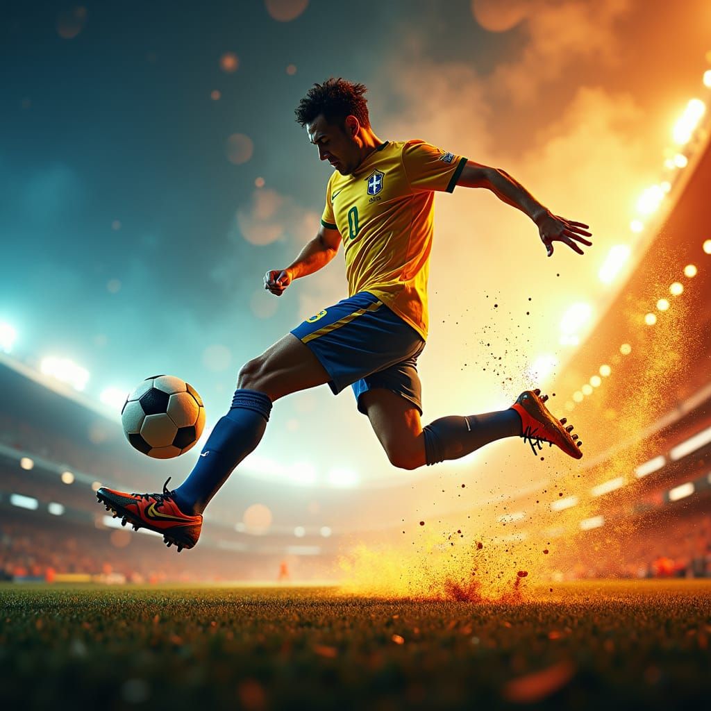 Brazilian Soccer Player Scores Goal in Swirling Colors