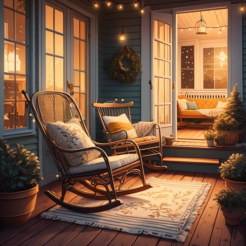 Cozy Rocking Chair on Porch: Whimsical Illustration