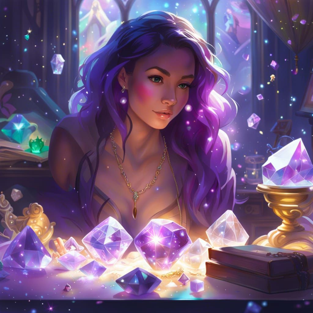 Amethyst Crystals and Rainbow Particles, Digital Art