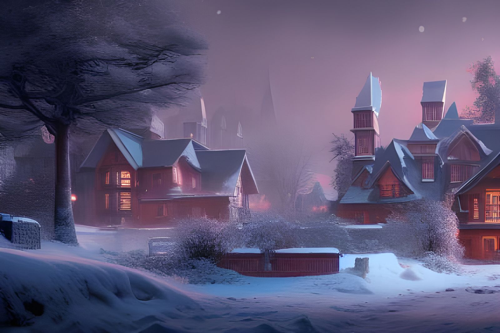 Snowy Suburban Neighborhood in Detailed Matte Painting