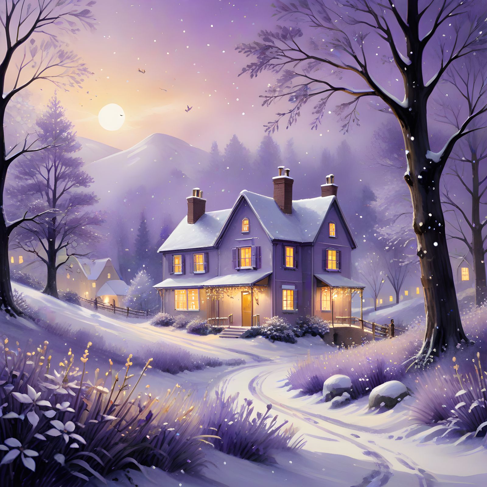 Whimsical Black and Lavender Christmas Scene