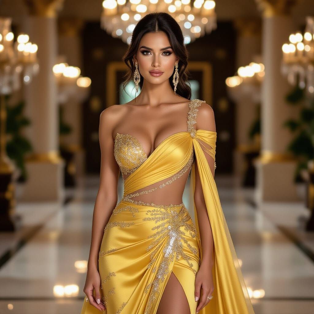 Elegant Woman in Golden Gown with Dazzling Sequins