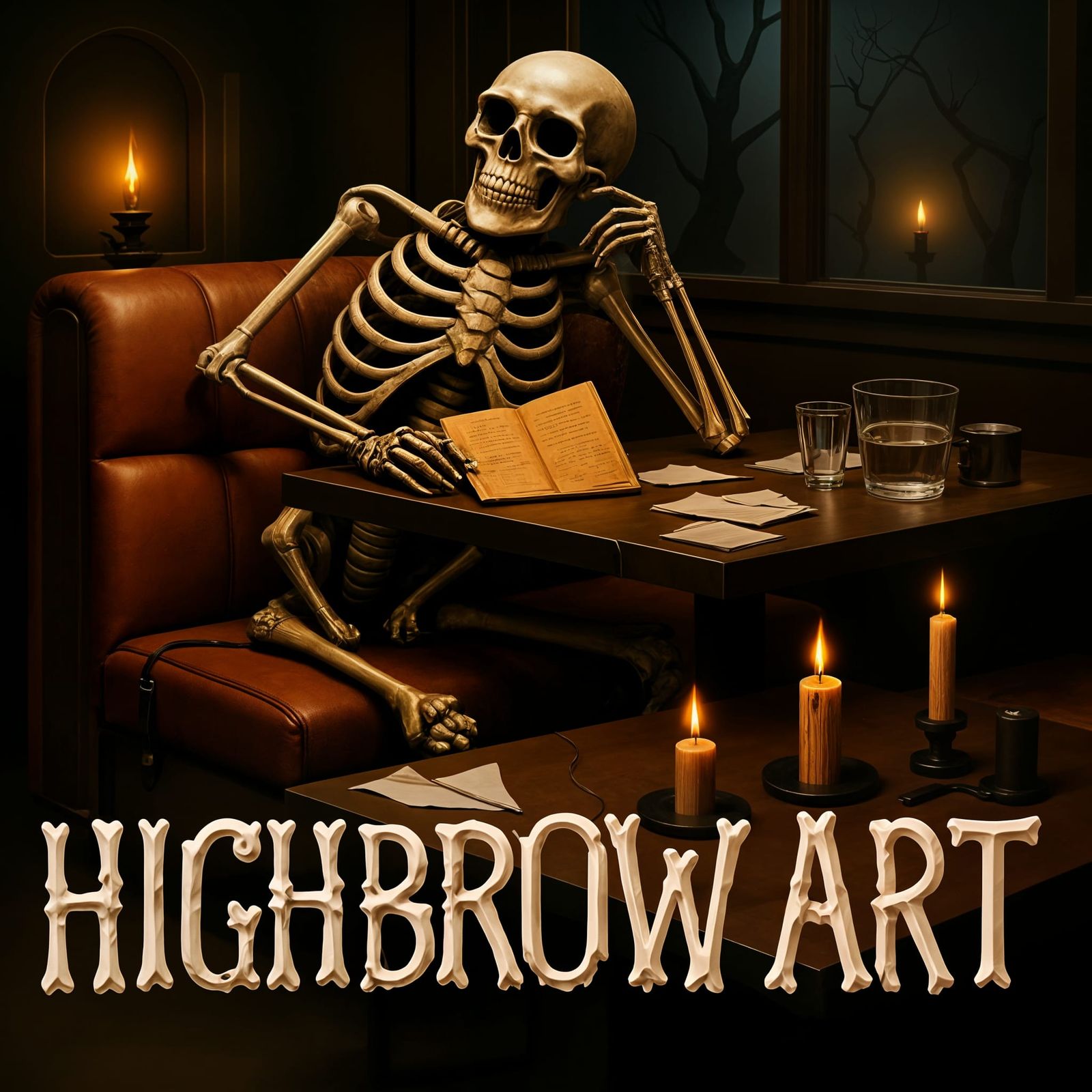 A contemplative skeleton sits slouched in a cracked leather ...