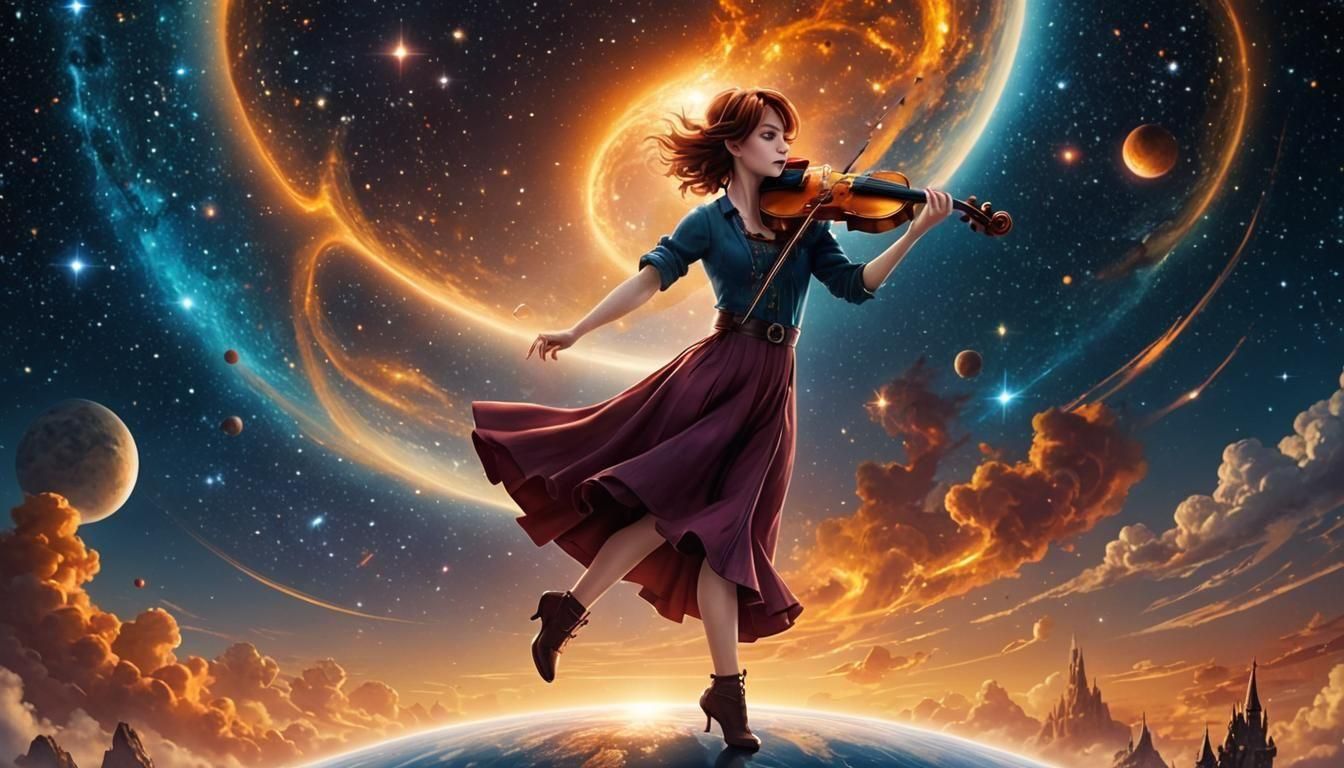 Lindsey Stirling Dances with Violin in Cosmic Art