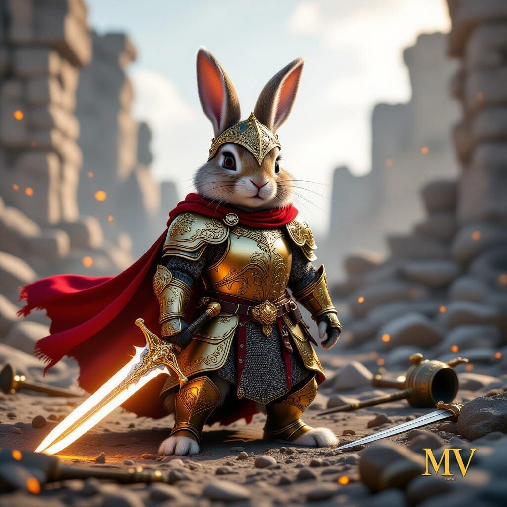Heroic Bunny Knight in Golden Armor with Glowing Sword
