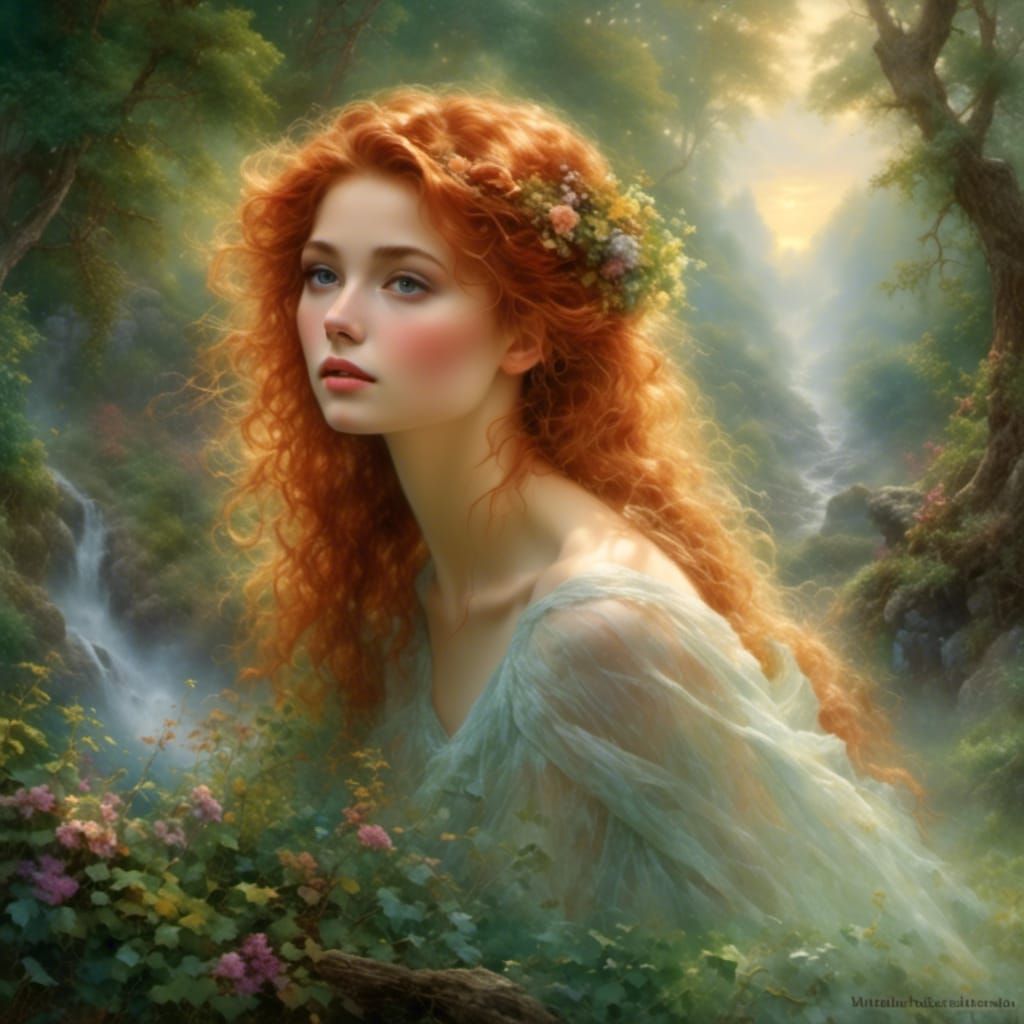 Ethereal Red-Haired Girl in Fantasy Mist